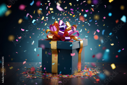 Gift box confetti explosion. Magic open surprise gift box package decoration. Golden gift boxes with golden ribbon bow tag and golden confetti on isolated black background with blank space. New year