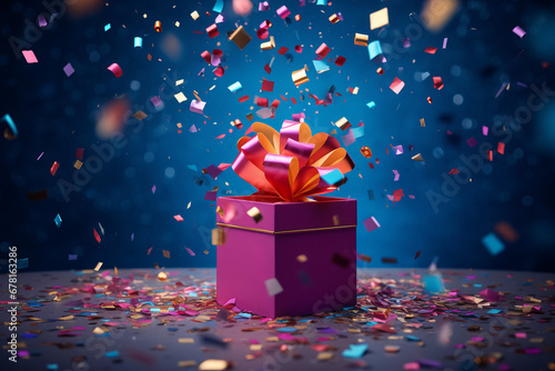 Gift box confetti explosion. Magic open surprise gift box package decoration. Golden gift boxes with golden ribbon bow tag and golden confetti on isolated black background with blank space. New year