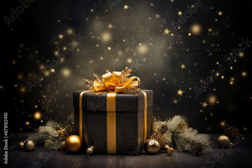 Gift box confetti explosion. Magic open surprise gift box package decoration. Golden gift boxes with golden ribbon bow tag and golden confetti on isolated black background with blank space. New year