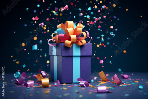 Gift box confetti explosion. Magic open surprise gift box package decoration. Golden gift boxes with golden ribbon bow tag and golden confetti on isolated black background with blank space. New year