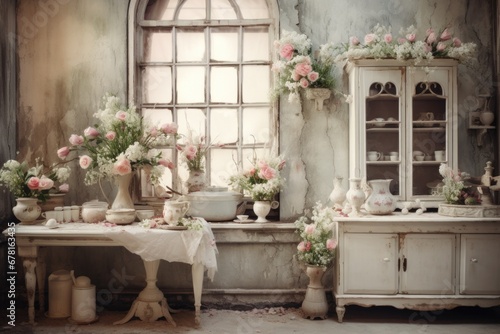 Vintage interior sofa with a vase of flowers in shabby chic style.