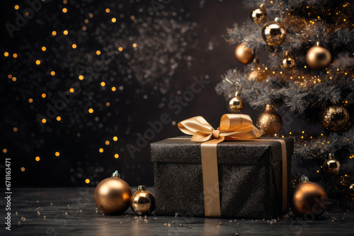 Christmas decoration with baubles and lights ,gift box's confetti explosion. Magic open surprise gift box package decoration. Golden opulence