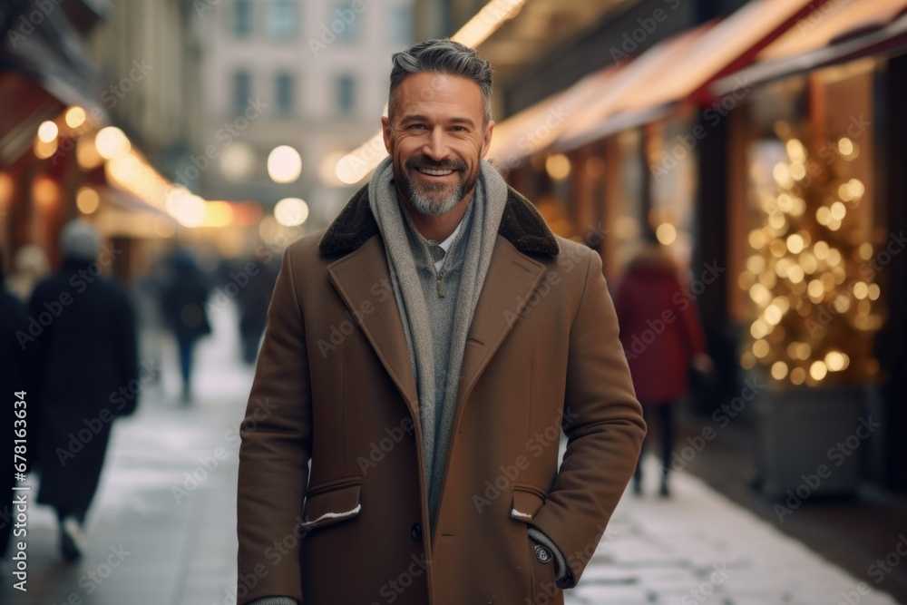 Handsome Mature Happy Man Smiling At The Camera. walking Outside at Christmas Eve on the city Handsome Mature Happy Man Smiling At The Camera. walking Outside at Christmas Eve on the city