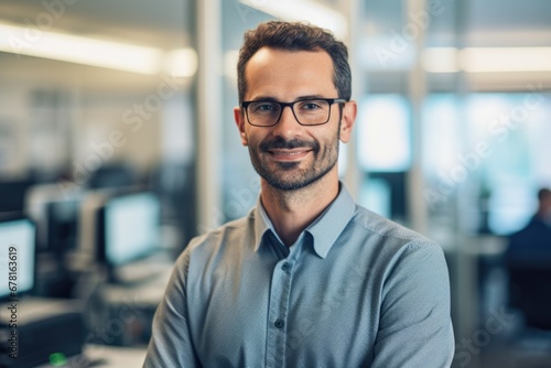 Portrait of successful mature boss, senior businessman in glasses and business suit looking at camera and smiling, man with crossed arms working inside modern office building. © Hope