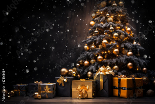 Christmas decoration with baubles and lights ,gift box's confetti explosion. Magic open surprise gift box package decoration. Golden opulence