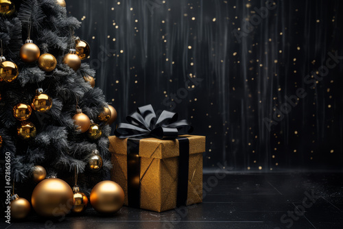 Christmas decoration with baubles and lights ,gift box's confetti explosion. Magic open surprise gift box package decoration. Golden opulence