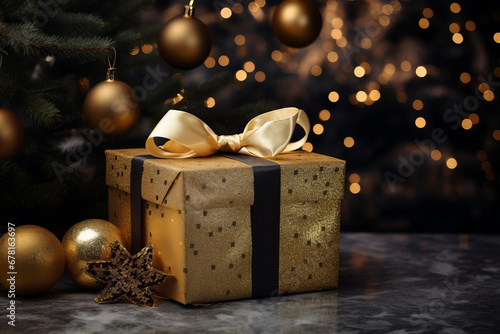 Christmas decoration with baubles and lights ,gift box's confetti explosion. Magic open surprise gift box package decoration. Golden opulence