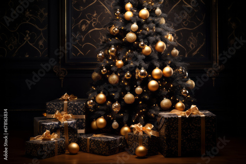 Christmas decoration with baubles and lights ,gift box's confetti explosion. Magic open surprise gift box package decoration. Golden opulence