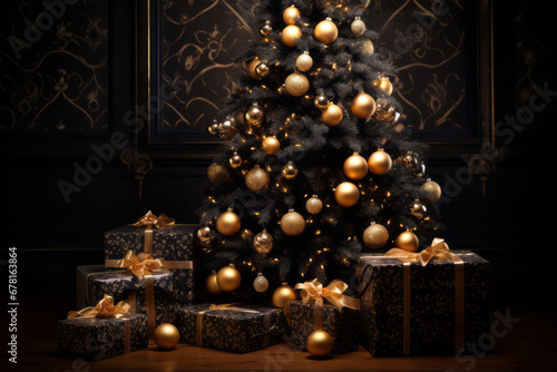 Christmas decoration with baubles and lights ,gift box's confetti explosion. Magic open surprise gift box package decoration. Golden opulence