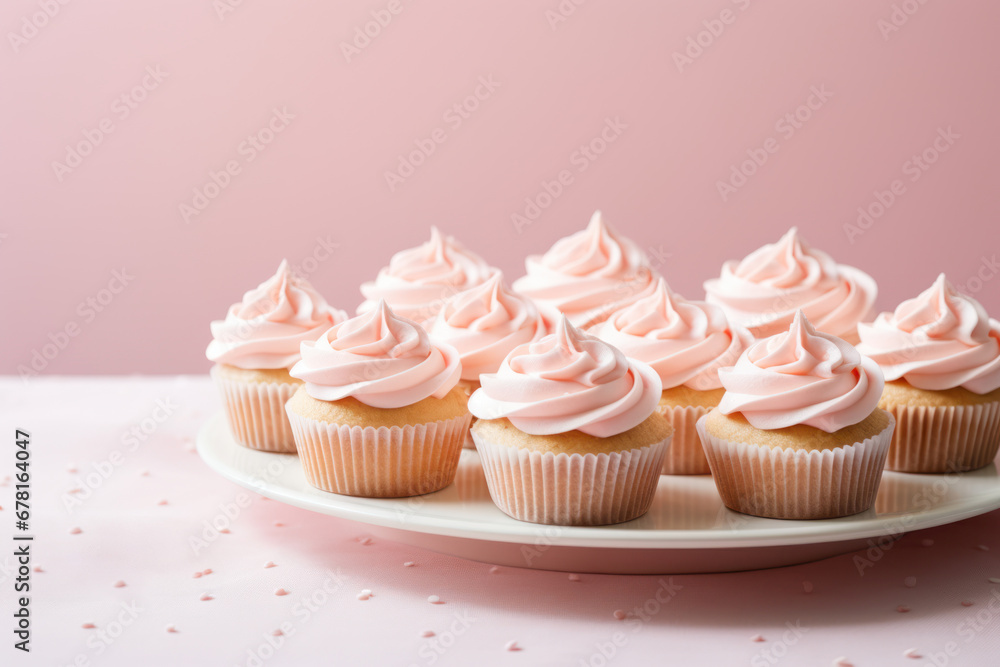 Pink pastel cupcake or muffin with white whipped cream and sprinkles on pastel background. Sweet food, Valentines day romantic dessert.