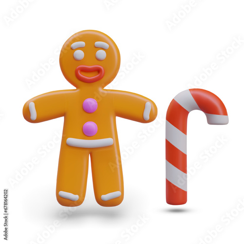 Gingerbread man, candy cane. Traditional Christmas sweets. Edible winter decorative elements. Vector realistic illustration. New Year candies and cookies