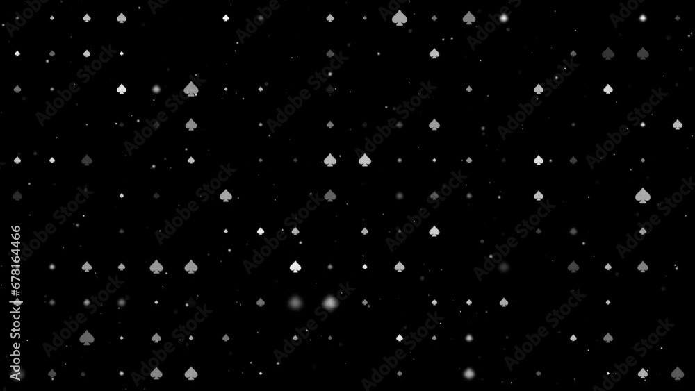 Template animation of evenly spaced spades of different sizes and opacity. Animation of transparency and size. Seamless looped 4k animation on black background with stars Template animation of evenly spaced spades of different sizes and opacity. Animation of transparency and size. Seamless looped 4k animation on black background with stars