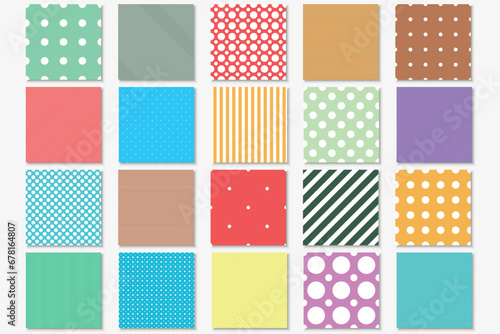Collection of cute colorful geometric seamless patterns. Simple dotted and striped textures - repeatable unusual bright backgrounds. Textile endless prints