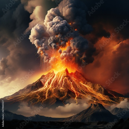 3D rendering of the volcano, volcanic eruption