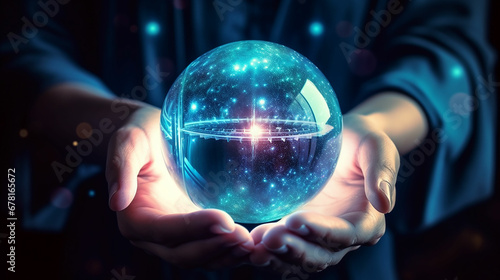 Crystal sphere in hands. Magic ball predictions. Mysterious composition. Fortune teller, mind power, prediction, halloween concept. Made with generative ai