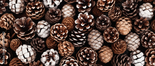Pine cones pattern. Christmas background with pine cones. Top view.