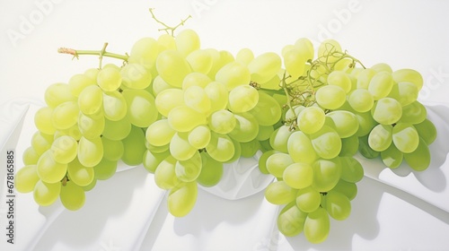 A bunch of fresh green grapes, emphasizing their plumpness and sheen, hanging against a spotless white canvas.