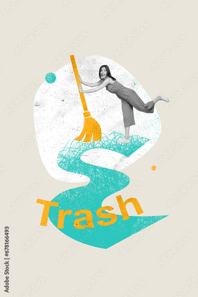 Vertical creative collage image of excited female cleaner sweeping broom trash cleaning freak bizarre unusual fantasy billboard Vertical creative collage image of excited female cleaner sweeping broom trash cleaning freak bizarre unusual fantasy billboard