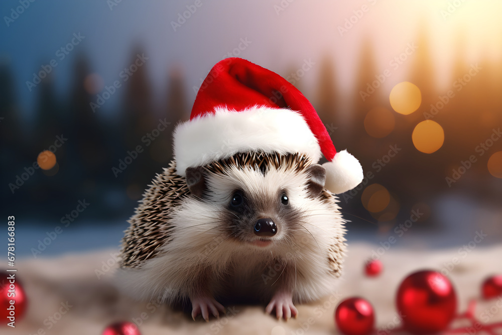Cartoon hedgehog in the Santa's hat on the Christmas background Cartoon hedgehog in the Santa's hat on the Christmas background