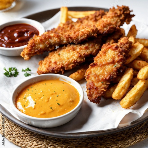 A photo of a plate with chicken fingers and fries. The chicken fingers are crispy and golden brown, and the fries are fresh and hot. The background is a white tablecloth.
