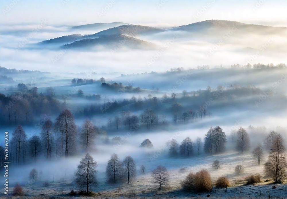 Misty landscape forest in the morning with morning sunlight between the hills mixed with winter nuances