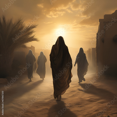 Leute vermummt in der Wüste am spazieren People masked up walking in the desert photo