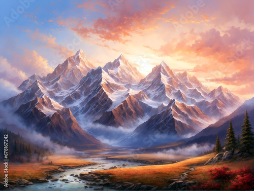 the majestic peaks at sunrise, painting the mountain landscape in warm hues © Wee Ha