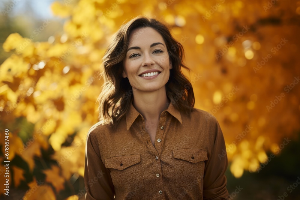 Portrait of a blissful woman in her 30s sporting a vented fishing shirt against a background of autumn leaves. AI Generation Portrait of a blissful woman in her 30s sporting a vented fishing shirt against a background of autumn leaves. AI Generation