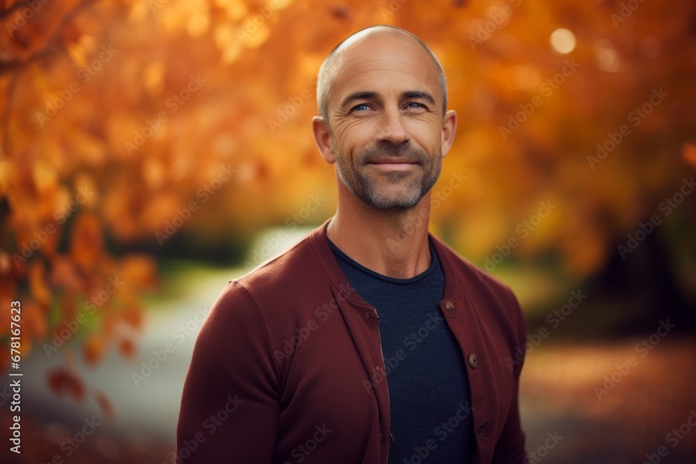 Portrait of a cheerful man in his 40s donning a trendy cropped top against a background of autumn leaves. AI Generation