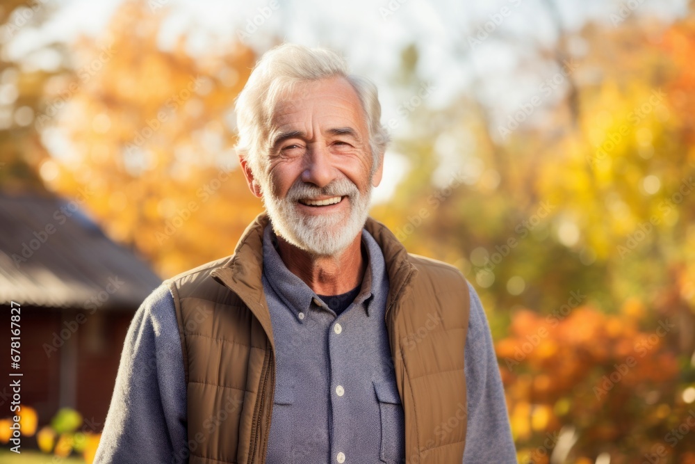 Portrait of a happy man in his 80s wearing a comfy flannel shirt against a background of autumn leaves. AI Generation
