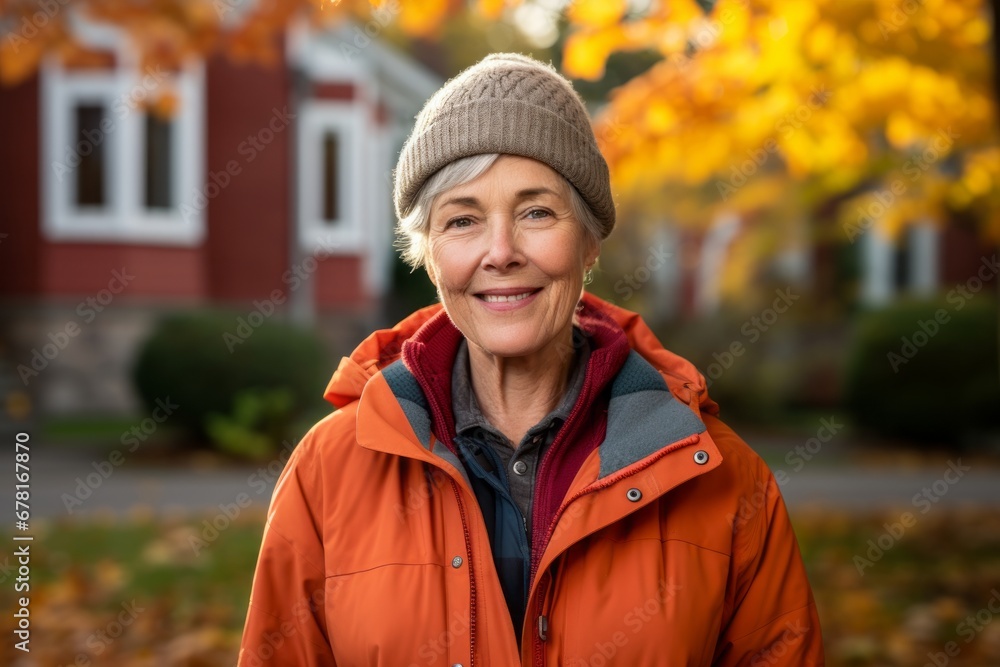 Portrait of a happy woman in her 70s sporting a stylish varsity jacket against a background of autumn leaves. AI Generation Portrait of a happy woman in her 70s sporting a stylish varsity jacket against a background of autumn leaves. AI Generation