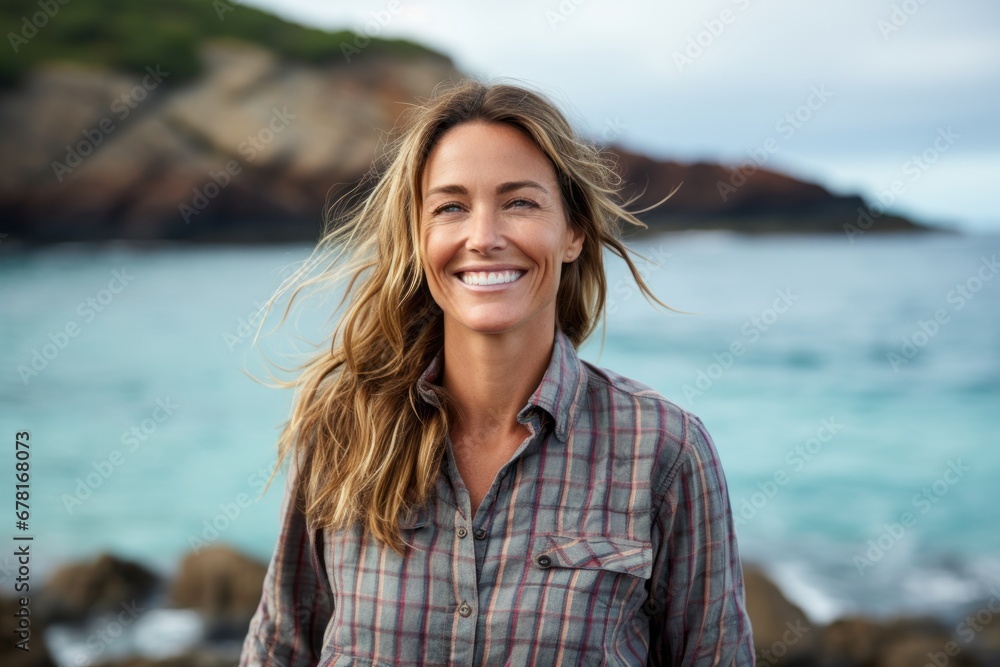 Portrait of a smiling woman in her 40s wearing a comfy flannel shirt against a stunning ocean reef. AI Generation Portrait of a smiling woman in her 40s wearing a comfy flannel shirt against a stunning ocean reef. AI Generation