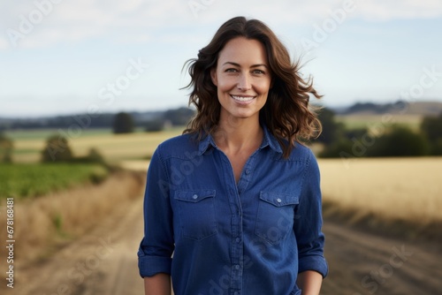 Portrait of a happy woman in her 30s sporting a versatile denim shirt against a quiet countryside landscape. AI Generation