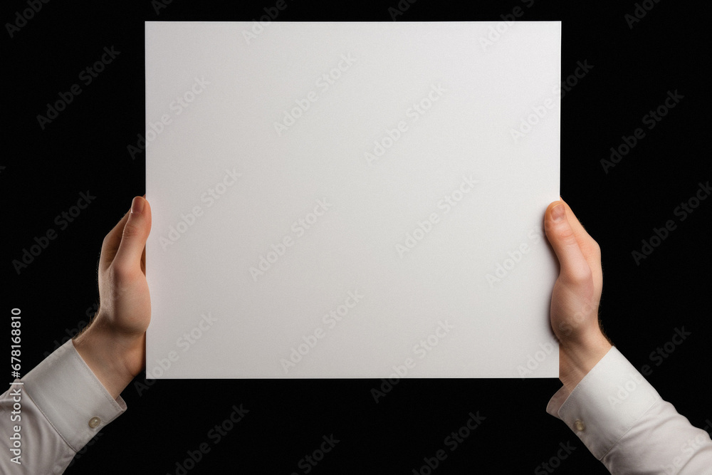 Hands holding a white sheet of paper on a black background. Hands holding a white sheet of paper on a black background.