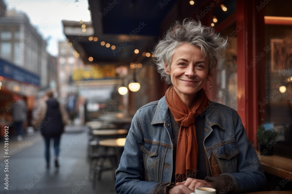 Portrait of a content woman in her 50s sporting a rugged denim jacket against a bustling city cafe. AI Generation