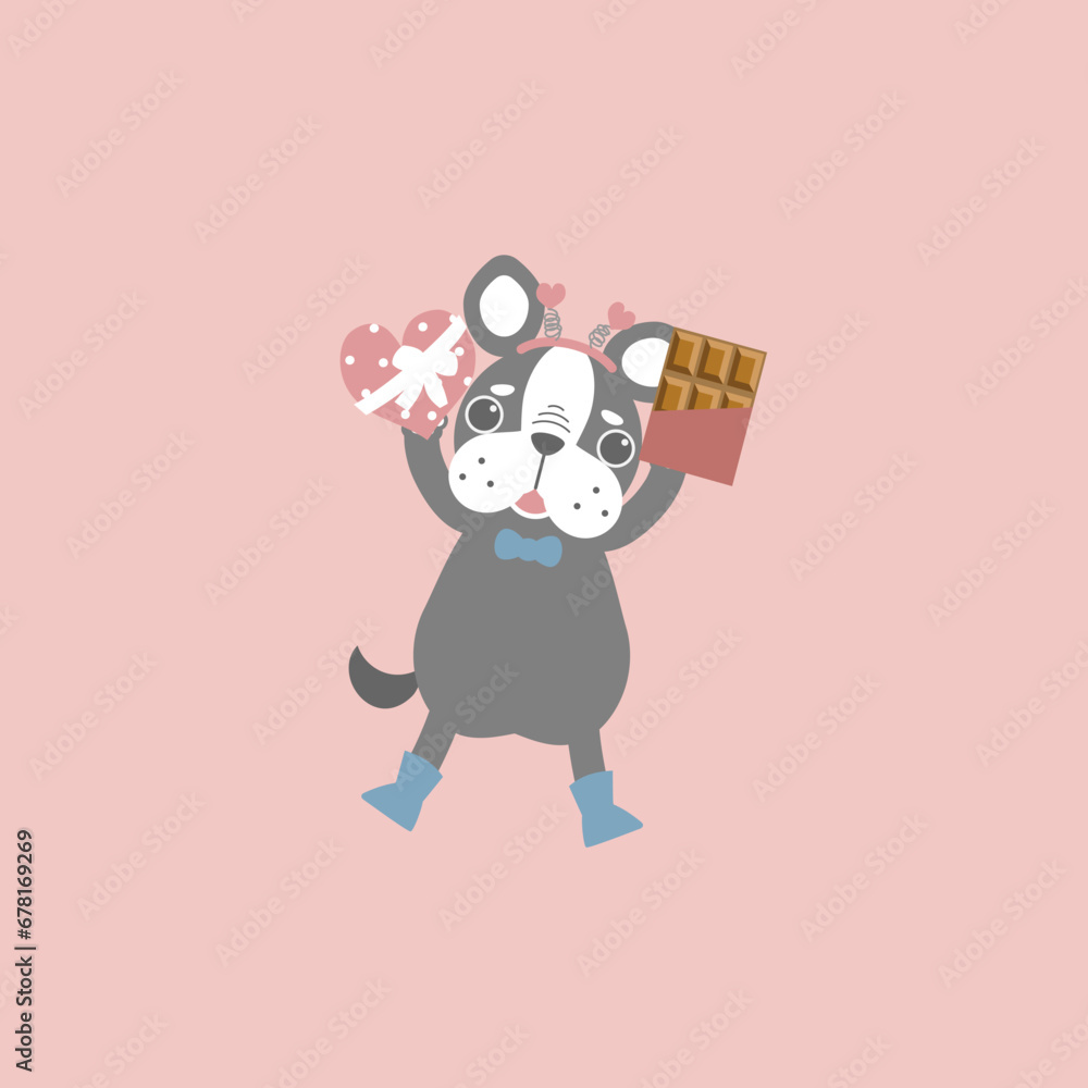 cute and lovely dog with heart chocolate bar, happy valentine's day, love concept, flat vector illustration cartoon character costume design cute and lovely dog with heart chocolate bar, happy valentine's day, love concept, flat vector illustration cartoon character costume design