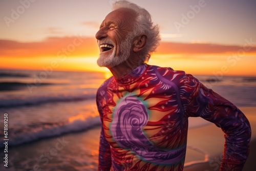 Portrait of a joyful man in his 80s showing off a vibrant rash guard against a beautiful beach sunset. AI Generation