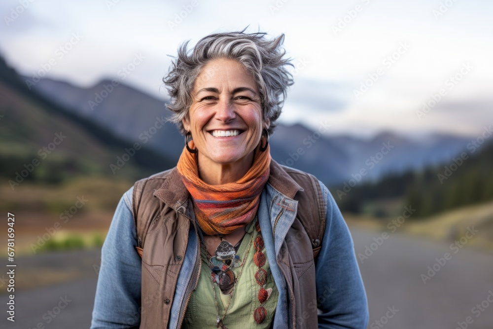 Portrait of a happy woman in her 50s wearing a rugged jean vest against a backdrop of mountain peaks. AI Generation