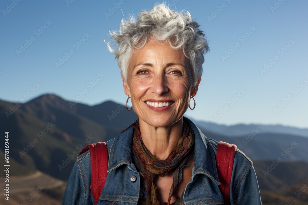 Portrait of a happy woman in her 50s wearing a rugged jean vest against a backdrop of mountain peaks. AI Generation