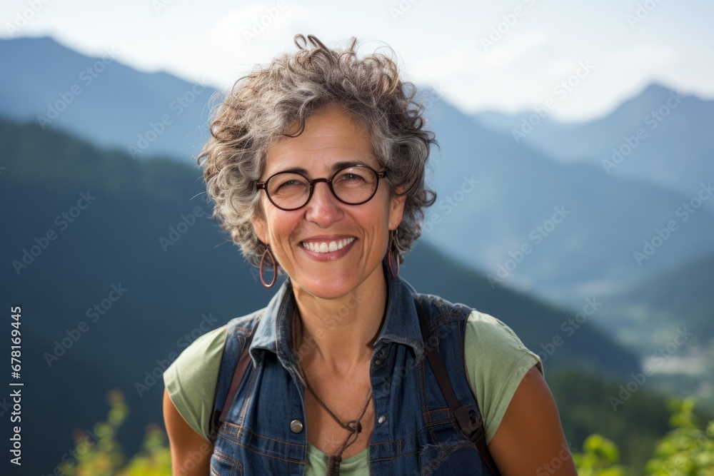 Portrait of a happy woman in her 50s wearing a rugged jean vest against a backdrop of mountain peaks. AI Generation Portrait of a happy woman in her 50s wearing a rugged jean vest against a backdrop of mountain peaks. AI Generation