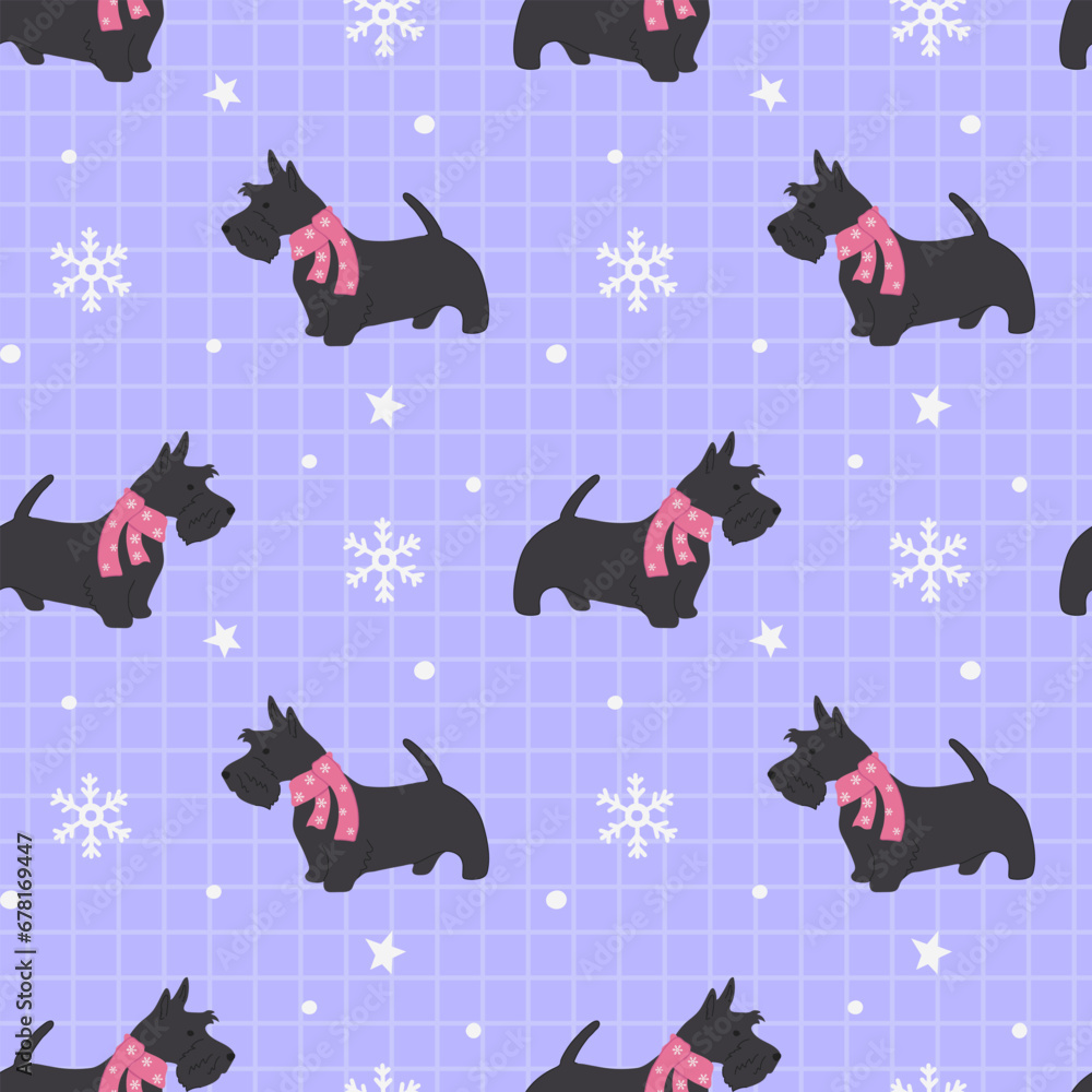 Winter seamless pattern with Scottish terrier on blue checkered background. Merry Christmas and Happy new year. - obrazy, fototapety, plakaty 