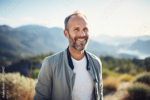 Portrait of a happy man in his 40s wearing a chic cardigan against a backdrop of mountain peaks. AI Generation