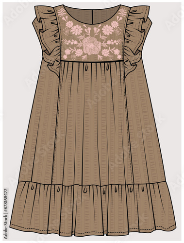 SLEEVELESS FRILL TIERED DRESS IN SEER SUCKER FABRIC WITH FLORAL EMBROIDERED BIB YOKE DETAIL DESIGNED FOR TEEN GIRL, TWEEN GIRLS AND KID GIRLS IN  VECTOR ILLUSTRATION
