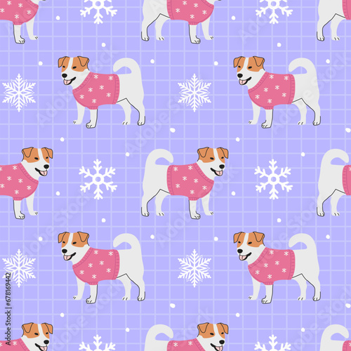 Seamless pattern with Christmas Jack Russell terrier ion blue checkered background. Background for wrapping paper, greeting cards and seasonal designs.