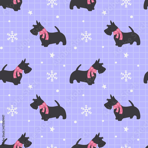 Winter seamless pattern with Scottish terrier on blue checkered background. Merry Christmas and Happy new year.