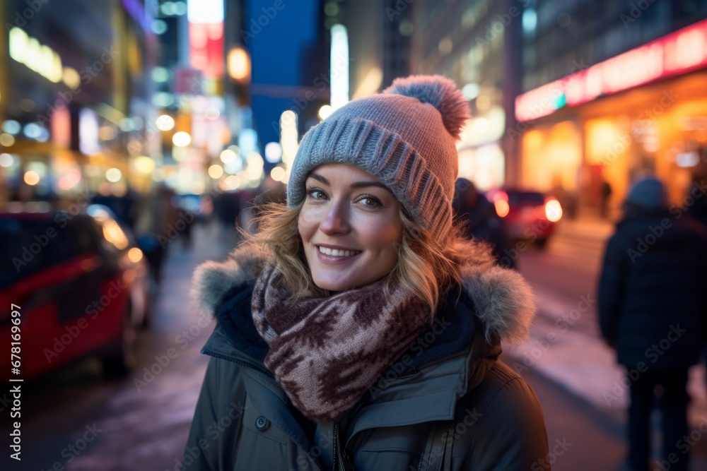 Portrait of a joyful woman in her 40s dressed in a warm ski hat against a bustling city street at night. AI Generation Portrait of a joyful woman in her 40s dressed in a warm ski hat against a bustling city street at night. AI Generation