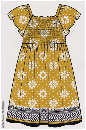 FLUTTER SLEVES SMOCK BODICE DRESS WITH CUT OUT BACK AND SQUARE NECKLINE DETAIL IN IKKAT PATTERN DESIGNED FOR TEEN GIRL, TWEEN GIRLS AND KID GIRLS IN  VECTOR ILLUSTRATION