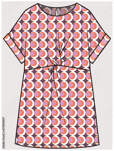 DOLMAN SLEEVES RETRO GEOMETRICAL PRINT DRESS WITH TWISTED FRONT KNOT AT WAIST DETAIL DESIGNED FOR TEEN GIRL, TWEEN GIRLS AND KID GIRLS IN  VECTOR ILLUSTRATION