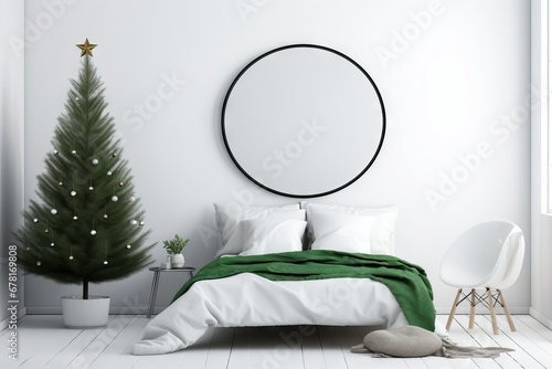 Cozy light room decorated with garlands and fir trees for Christmas. New year mood. White bedroom decor for winter holiday