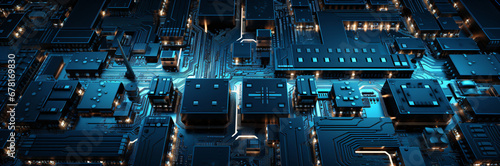 high-tech supercomputer cpu, futuristic technology background with complex shapes, blue glowing circuit board design